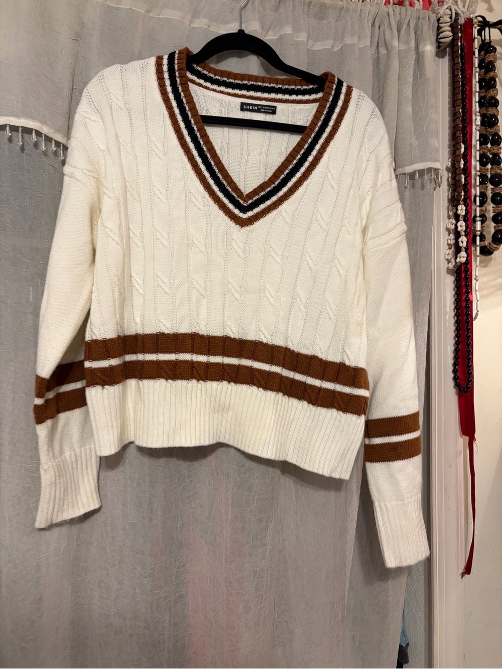 SHEIN Cream Cable Knit V-Neck Sweater with Brown Stripes